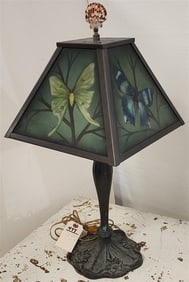 Bronze Bass Table Lamp w/4 Glass Panel Reverse Painted Shade - 1 Panel Repaired 25"