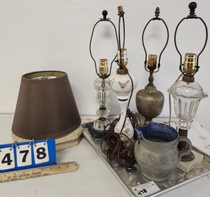 Tray 4 Lamps - 2  19th C Oil - Not Drilled 12" + 11"