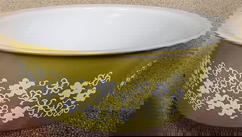 Bx Pyrex Spring Blossom Casserole, 2 Fire king Loaf Pans + Robert Gordon Cermaic Platter 14" Diam.