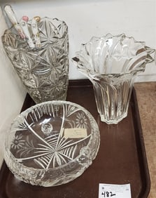 Tray Cut Glass Bowl + Crystal Vases 9 3/4" + 8 1/2"