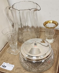 Tray Cut Glass Bowl w/Silverplate Lid 5" H X 7 1/2" Diam., Hand Blown Pitcher 9 1/2"