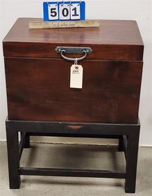 Wooden Trunk On Stand 27" H X 21 1/2" W X 15 1/2" D w/Contents - Metal Bookends, Turkish Tea Set,