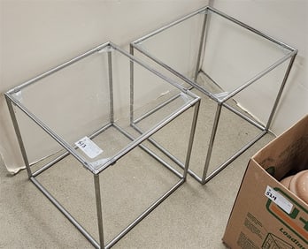 Pr. Chrome Tube Glass Top Stands 16" H X 16" Sq.