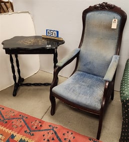 Vict. Walnut Armchair 44" H X 22" W X 18 1/2" D + 19th C Ptd. + Stenciled 1 Drawer Stand 28" H X 30"