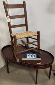 19th C Ladderback Rocker 33 1/2" H X 17" W X 13" D + Mahog 1 Drawer Coffee Table 17" H X 38" W X 20"
