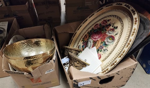 Lot 2 Bx's Misc. Serving Trays - Metal + Wood, Pr. Wall Sconces, Pottery Covered Bowls, Etc.
