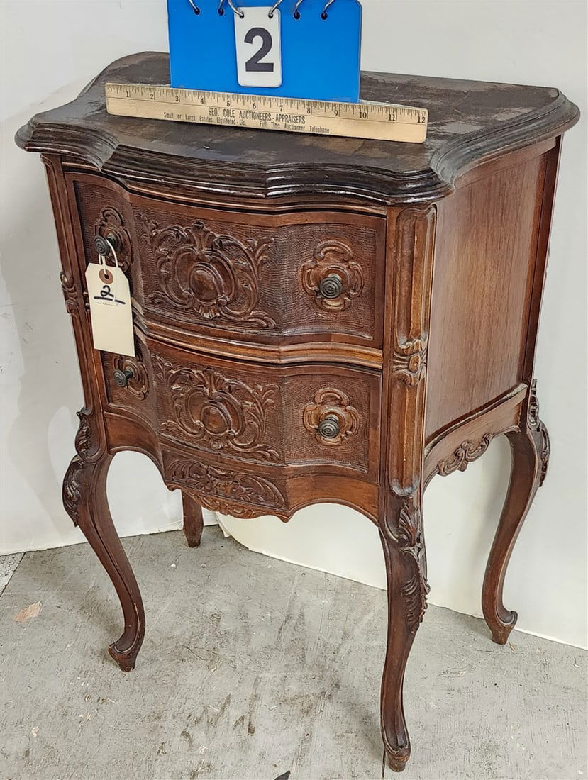 Carved Walnut 2 Drawer Stand 29" H X 21" W X 12 1/2" D (1 of 3)