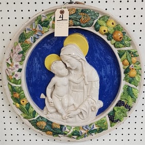 Della Robbia Glazed Terracotta Relief Of Madonna & Child Rondell 21" D