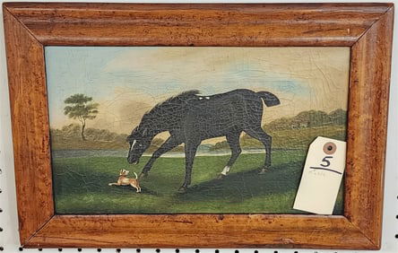 O/C 19th C Horse w/Small Dog & Landscape Unsgnd 8 1/4" X 14 1/4" w/Frame 12" X 17 3/4"