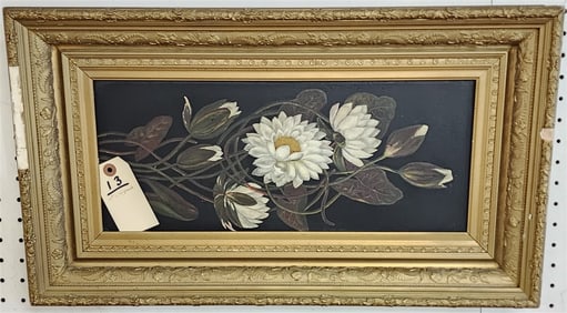 19th C Framed O/P Water Lilies 7 1/2" X 18" w/Frame 13 1/2" X 23 1/2"