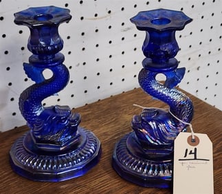 Pr. Carnival Glass Dolphin Candlesticks 8"