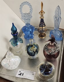 Tray 8 Sgnd Art Glass Perfume Bottles - 2 Czech, Simpson, Etc.