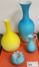 Tray 4 Pcs Diamond Quilted Satin Glass - 2 Vases 13" + 10", Ptcher 5 1/2" + Bowl 3"