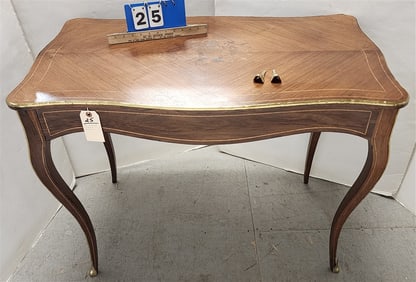 French Inlaid Walnut 1 Drawer Table w/Brass Trim 28 1/2" H X 38 1/2" W X 23" D