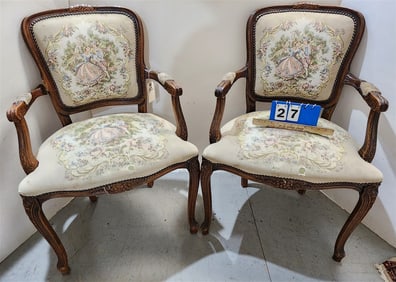 Pr. French Style Arm Chairs w/Tapestry Uphols.