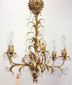 Gilt Wrought 6 Arm Chandelier w/Crystal Drops 23" H X 20" Diam.