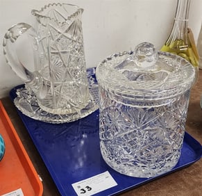 3 Pieces Cut Glass Incl. Covered Jar 8 1/2" X 6 1/2", Ptcher 8 1/2" + Bowl 9" D