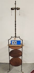 Walnut 3 Tier Brass Plate Stand/Floor Lamp Combo 53" H X 11 1/2" Diam.