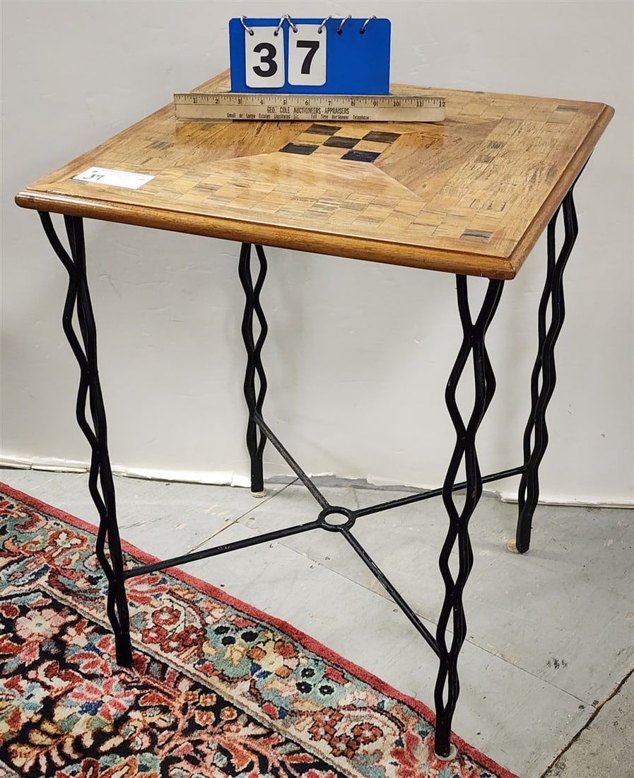 Wrought Base Stand w/Inlaid Wood Top 25 1/2" H X 19 3/4" Sq.: Wrought Base Stand w/Inlaid Wood Top 25 1/2" H X 19 3/4" Sq.