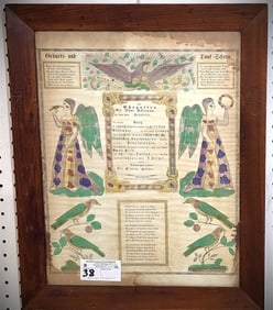 Framed 1854 Fraktur Hand Colored Engr. 17 1/2" X 13 /2" w/Frame 21" X 17"