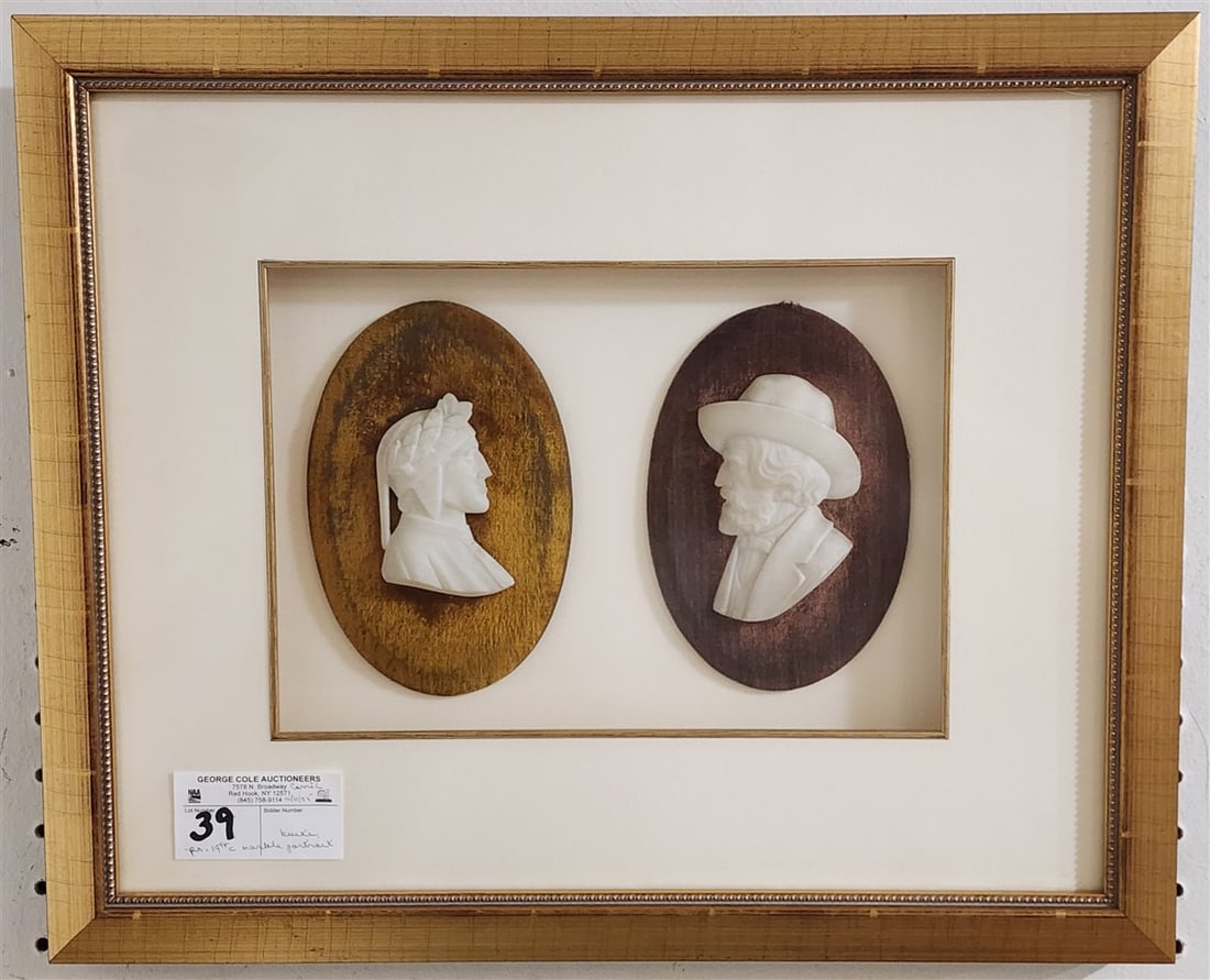 Framed Shadow Box w/2 -19th C Carved Marble Portrait Busts - Busts 6 1/2" X 4 1/2" Ea. w/Frame 16" X (1 of 2)
