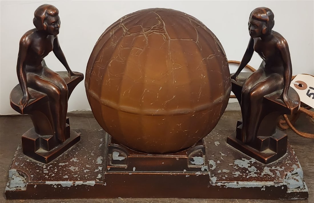 Deco Figural Lamp w/Amber Globe Shade 7" H X 12 1/2" W X 4 1/4" D (1 of 2)