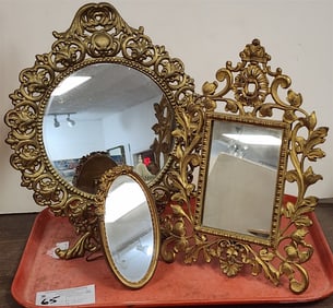 Tray Victorian Dresser Frames - 2 Cast Iron 13" X 11" + 12" X 8 1/4", 1 Brass 6 1/4" X 3"