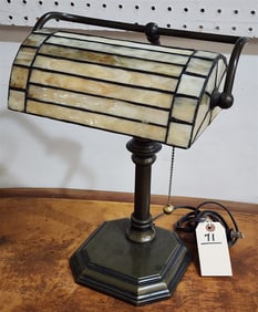 Brass Desk Lamp w/Leaded Glass Shade 15" H X 10 1/2" W