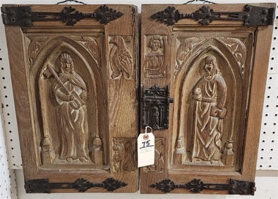 Pr. Carved Oak Doors w/Cast Iron Strap Hinges 20" X 12 1/2" Ea.