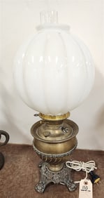 Victorian Miller Brass Oil Lamp w/Milk Glass Shade 24"