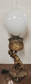 Victorian White Metal Figural Lamp (Putti Missing Wing) 33"