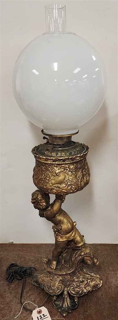 Victorian White Metal Figural Lamp (Putti Missing Wing) 33" (1 of 4)