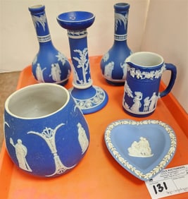 Tray 6 Pcs. Wedgewood Jasperware - Candlestick (Small Repair) 6", Pr. Vases 5 3/4", Creamer 3 3/4",