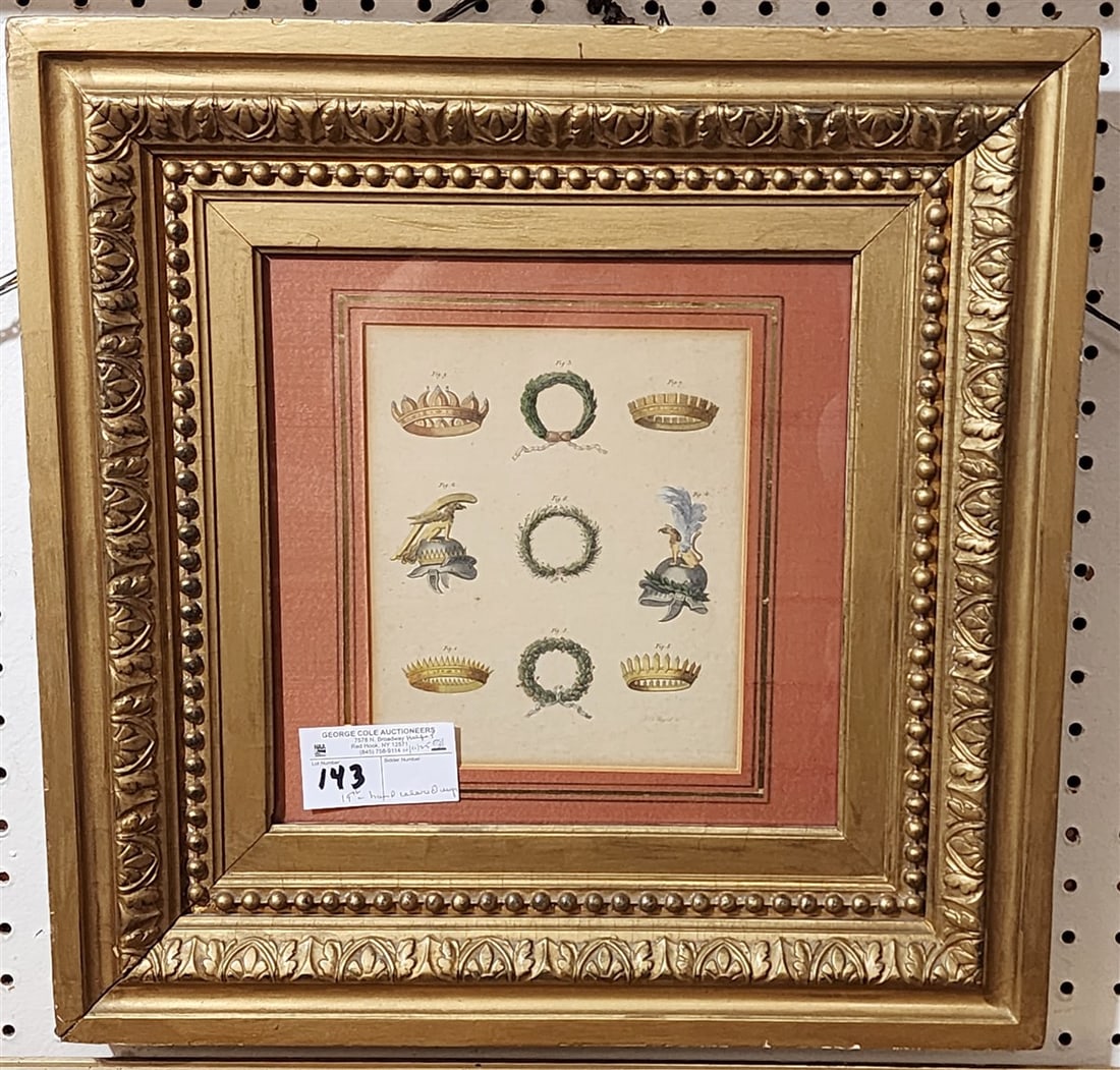 19th C Hand Colored Engr. Crowns & Laurel Wreaths 8" X 6 1/2" w/Frame 18" Sq.: 19th C Hand Colored Engr. Crowns & Laurel Wreaths 8" X 6 1/2" w/Frame 18" Sq.