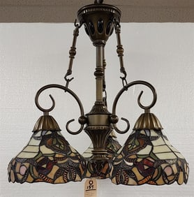 Brass Chandelier w/3Leaded Glass Shades 20" H X 17" Diam.