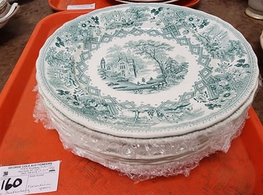 Tray 10 Gustavesberg 19th C Transferware Plates (Florentine Green) 9 3/4" Diam.