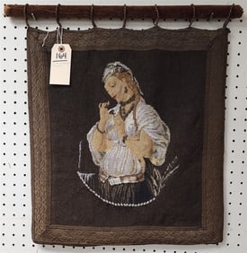 Victorian Needlepoint & Bead Wall Hanging w/Metal Thread Border 20" X 18 1/2"