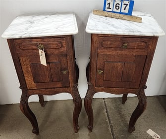 Pr. C1900 Oak Marble Top 1 Drawer Over 1 Door End Stands 34" X 15 3/4" W X 15 3/4" D
