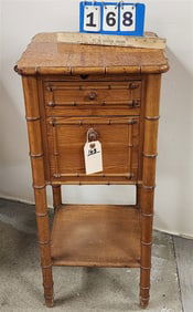 19th C Pine Faux Bamboo Stand w/1 Drawer & Fall Front Door 32" H X 14 1/2" Sq.