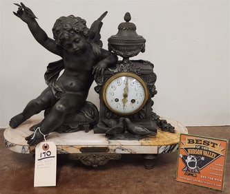19th C Figural White Metal & Marble 'Amour Aux Ageuts' Mantel Clock Sgnd F. Mareau 15" H X 18" W X 6