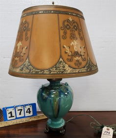 1930's Glazed Pottery Vase Lamp w/Original Decorated Parchment Shade 22" H