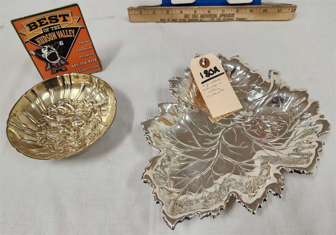 Lot 2 Sterl. Bowls Kirk + Son 1 1/2" H X 5 3/4" Diam. + Whiting Leaf 1 1/2" H X 11" L X 9" W 12.24: Lot 2 Sterl. Bowls Kirk + Son 1 1/2" H X 5 3/4" Diam. + Whiting Leaf 1 1/2" H X 11" L X 9" W 12.24 ozT
