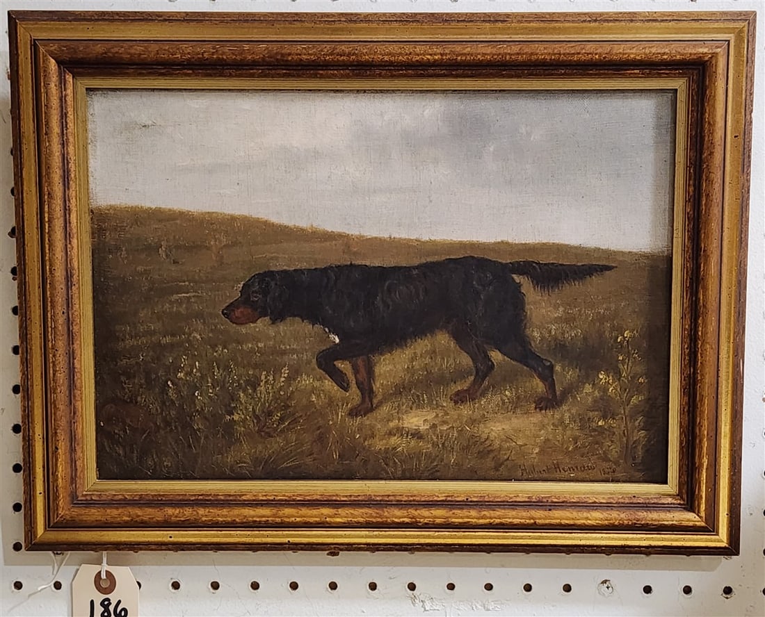19th C O/C Gordon Setter Sgnd Hubert Henrard 1886 10" X 14 1/2" w/Frame 13 1/4" X 17 3/4": 19th C O/C Gordon Setter Sgnd Hubert Henrard 1886 10" X 14 1/2" w/Frame 13 1/4" X 17 3/4"