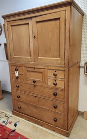 19th C Pine 2 Door Over 8 Drawer Cabinet 6'6 1/2" H X 51" W X 25" D