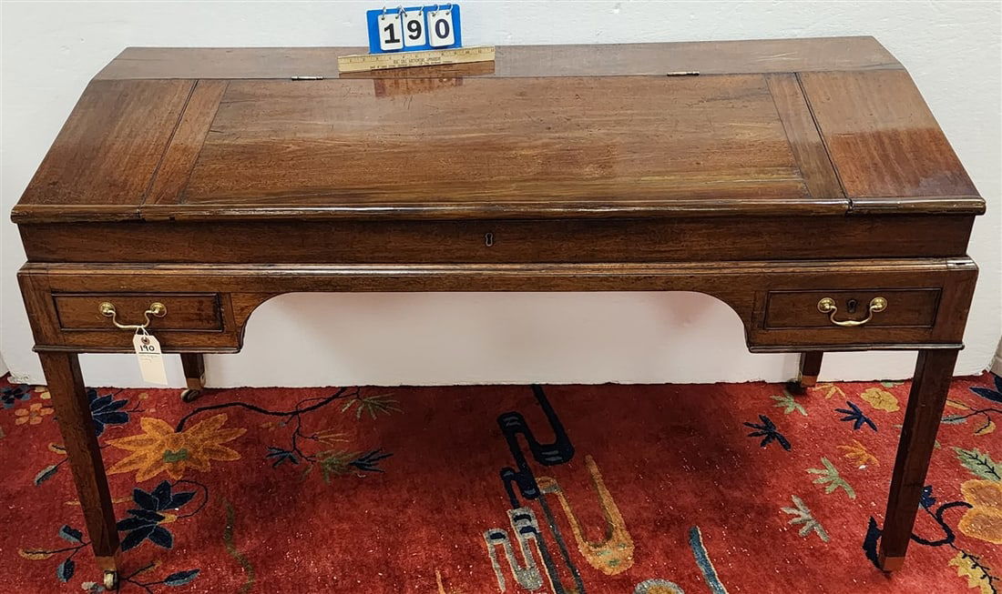 19th C English Mahog Slant Front Desk On Stand w/2 Drawers 34" H X 5' W X 26" D (1 of 3)