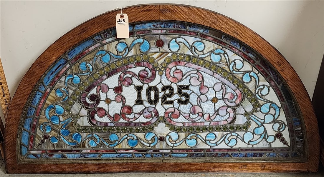 Vintage Leaded & Jeweled Oak Frane Window Sash 29" H X 54" W: Vintage Leaded & Jeweled Oak Frane Window Sash 29" H X 54" W