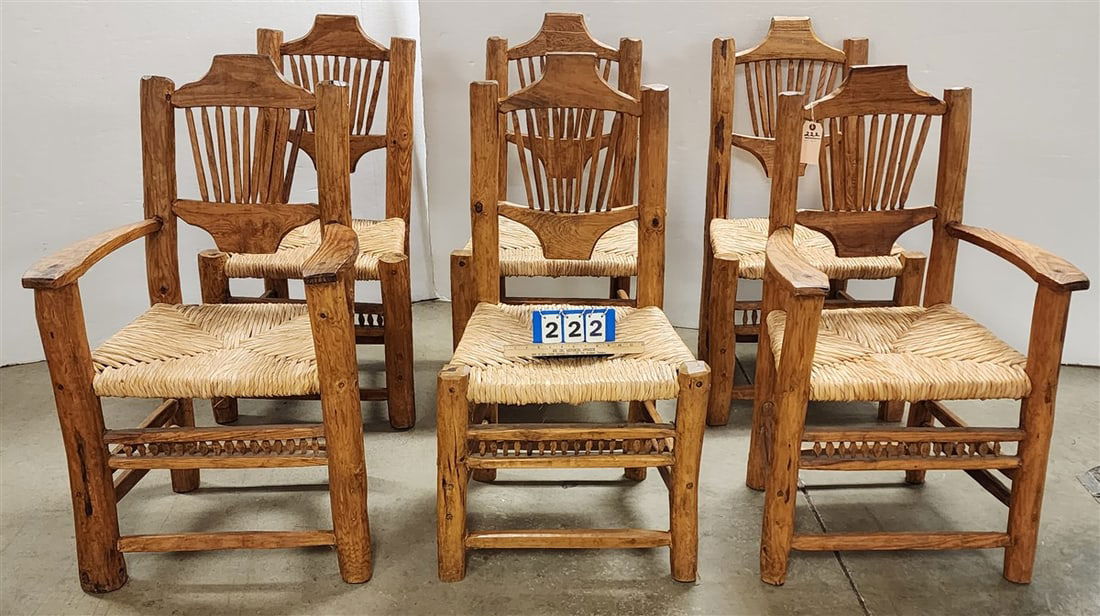 Set 6 Pine Rush Seat Chairs 2- 40" H X 2' W X 17" D, 4- 41" H X 21 1/2" W X 16" D (1 of 6)