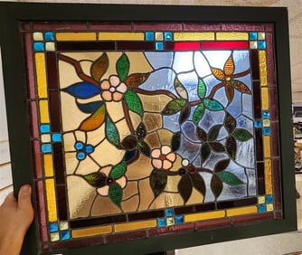 Vintage Leaded Glass Window Sash w/Gems 32" X 36 1/2"