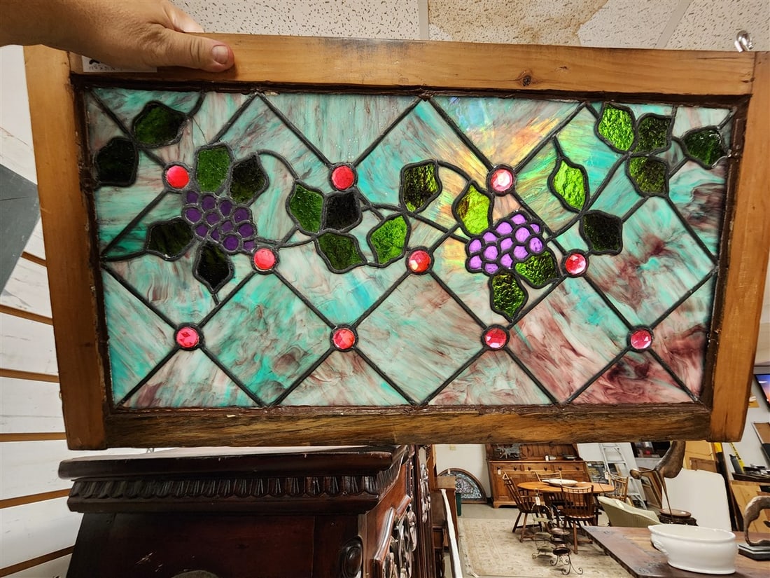 Vintage Leaded Glass Window Sash w/Gems 17 1/2" X 31 3/4" (1 of 3)