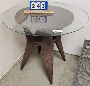 Wicker Base Glass Top Patio Table 29" H X 33 1/2" Diam.